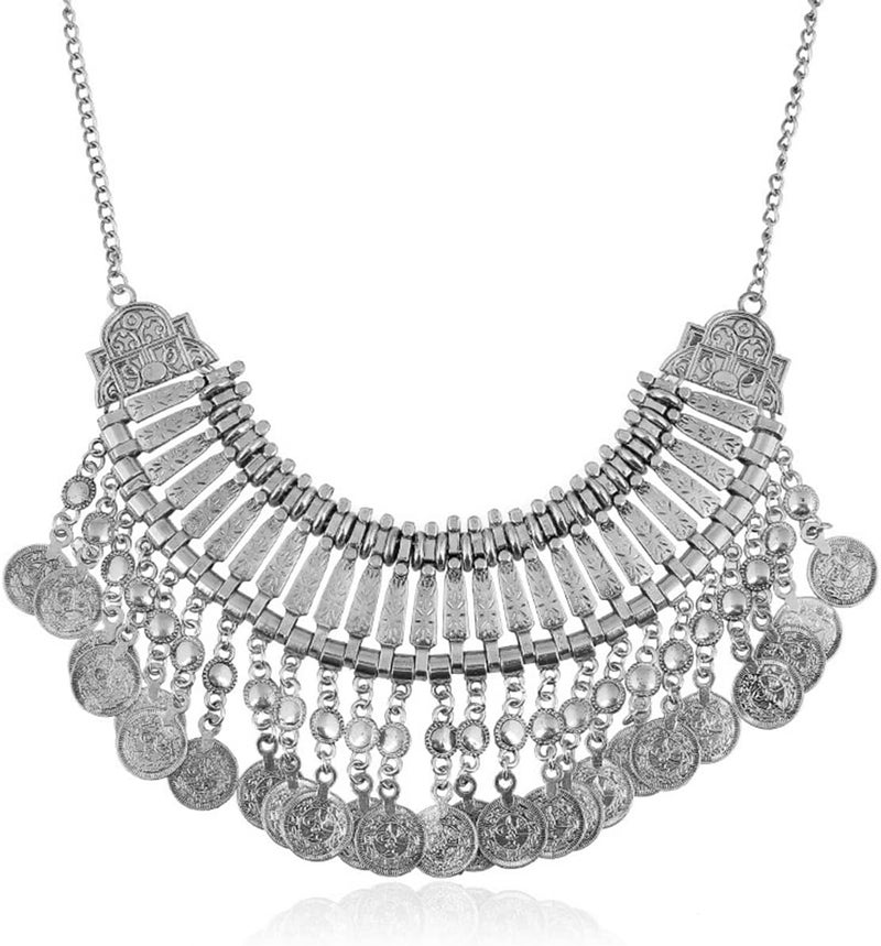 CCBFY Long Tassel Chunky Boho Coin Statement Necklace For Women Silver - Image 1